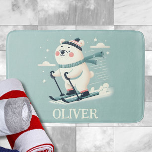 Skiing Whimsical Cute Polar Bear Personalized Bath Mat