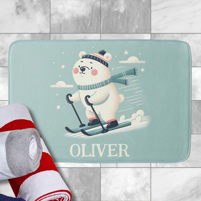 Skiing Whimsical Cute Polar Bear Personalized Bath Mat (Creator Uploaded)