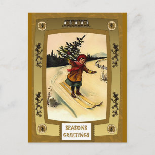 Skiing with a Christ;qs tree Holiday Postcard