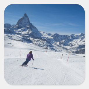 Skiing with Mt. Matterhorn in Zermatt, Switzerland Square Sticker