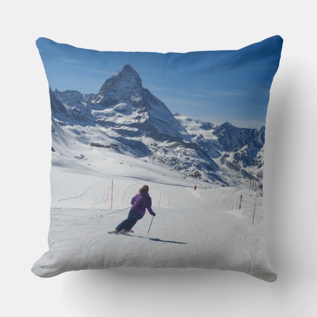 Skiing with Mt. Matterhorn in Zermatt, Switzerland Throw Pillow (Front)