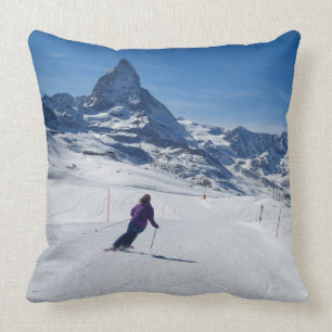 Skiing with Mt. Matterhorn in Zermatt, Switzerland Throw Pillow