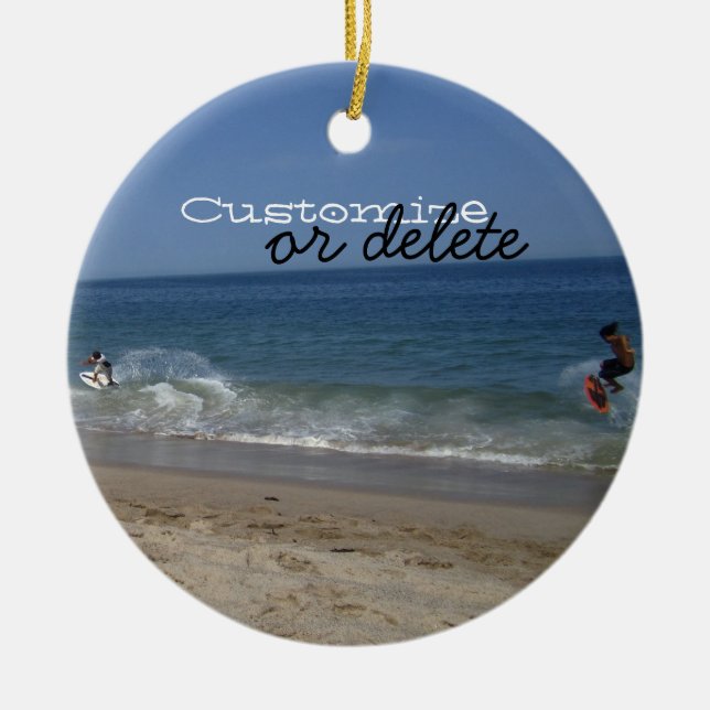 Skimboarders in the Surf; Customizable Ceramic Ornament (Front)