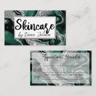 Skincare Appointment Reminder Silver Green Marble Business Card