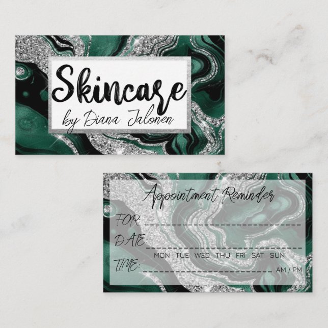 Skincare Appointment Reminder  Silver Green Marble Business Card (Front/Back)