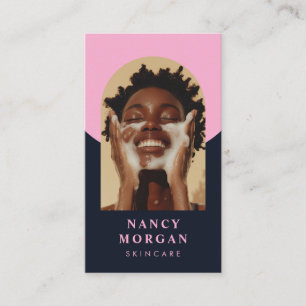 Skincare Arch Photo QR Code pink and navy Business Card