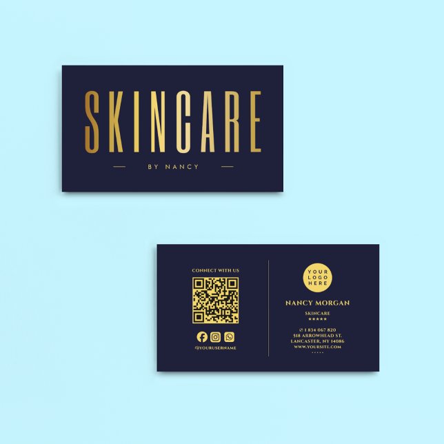 Skincare Navy And Gold QR Code & Logo Business Card (Creator Uploaded)