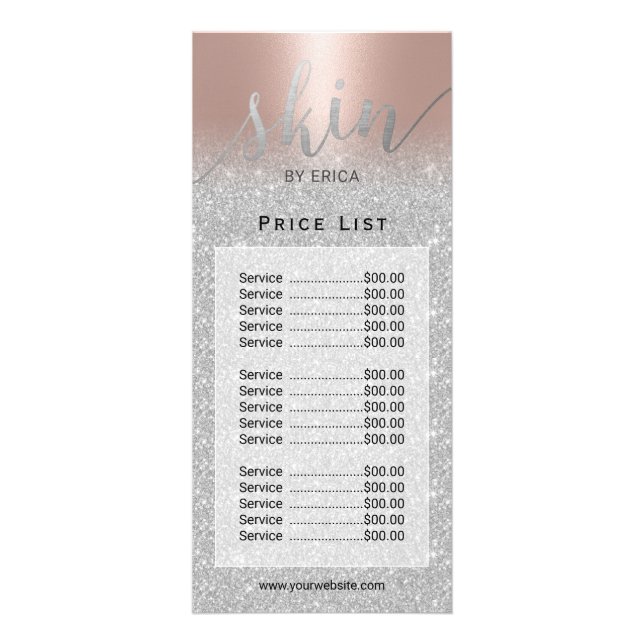 Skincare Salon Aesthetician Rose Gold Price List Rack Card (Front)