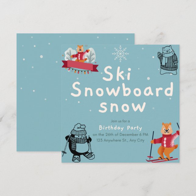 Sking Birthday Party Slopes Ski Snowboard Snow Invitation (Front/Back)