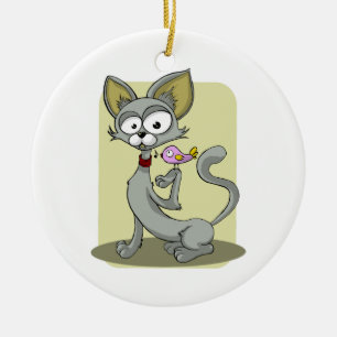 Skinny Cat and Pink Bird Ceramic Ornament