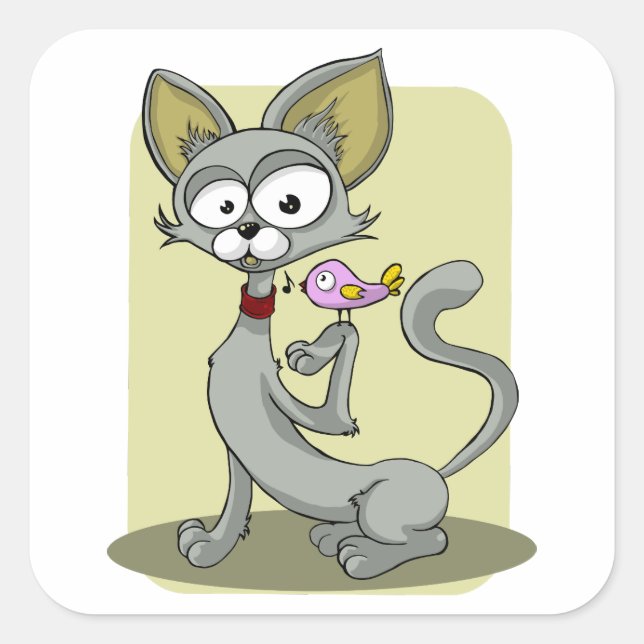 Skinny Cat and Pink Bird Square Sticker (Front)