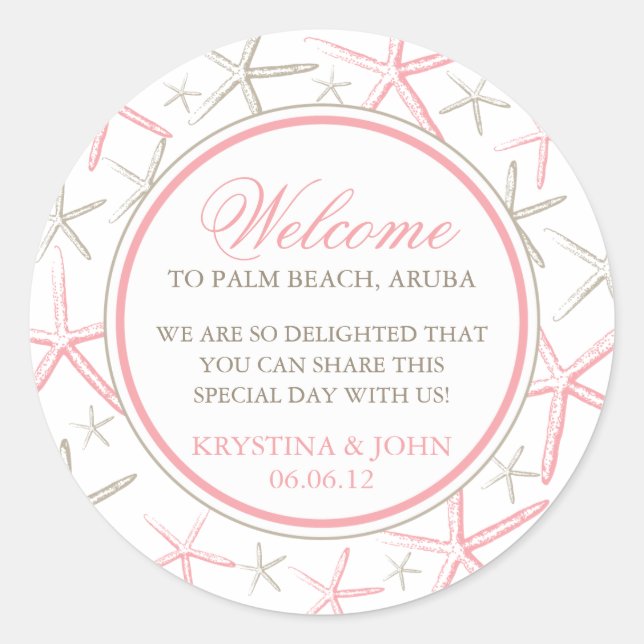 Skinny Finger Starfish Wedding Welcome Classic Round Sticker (Front)