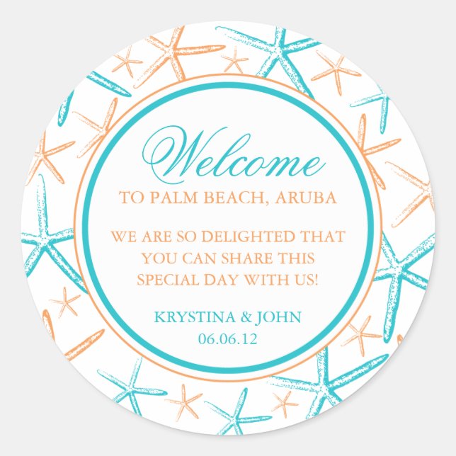 Skinny Finger Starfish Wedding Welcome Classic Round Sticker (Front)
