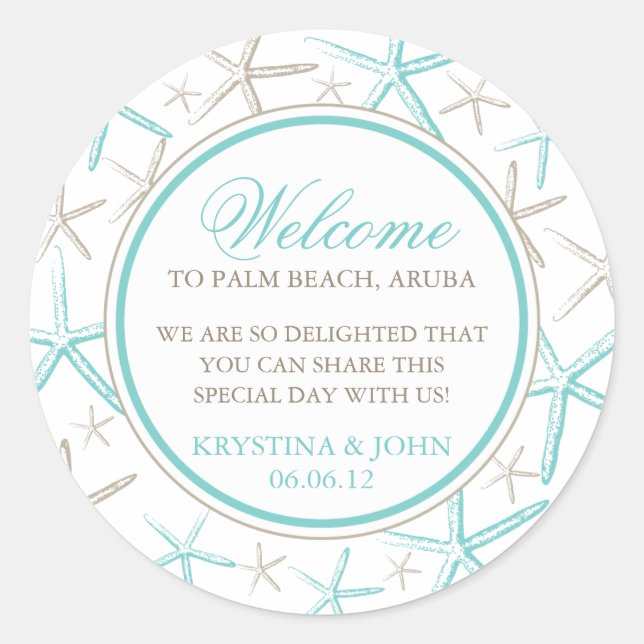 Skinny Finger Starfish Wedding Welcome Classic Round Sticker (Front)