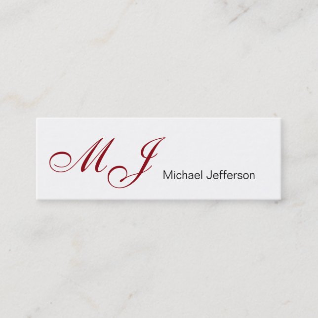 Skinny Monogram White Red Script Business Card (Front)