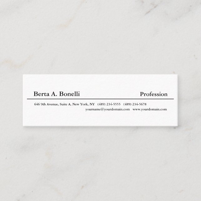 Skinny Plain Black White Minimalist Modern Mini Business Card (Front)