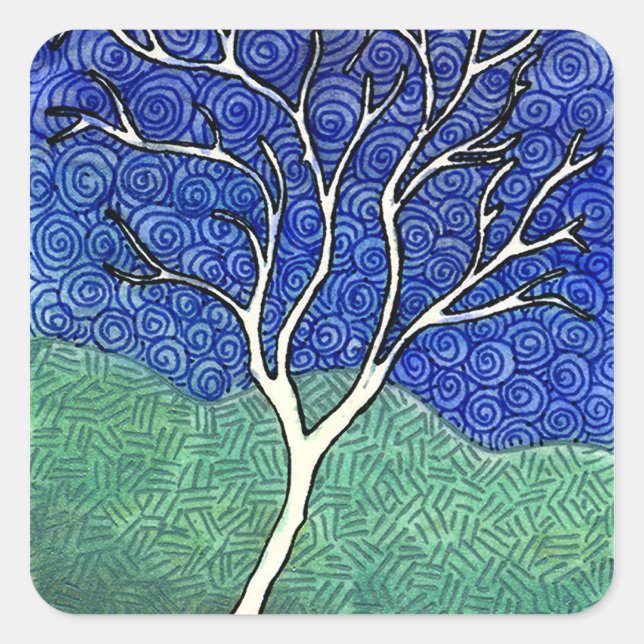 Skinny White Tree with Swirly Sky Square Sticker (Front)