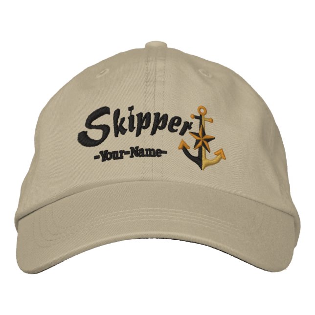 Skipper Customizable with Name Large Anchor Embroidered Hat (Front)
