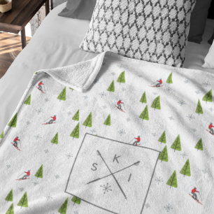 Skis and Pine Trees Personalized Fleece Blanket