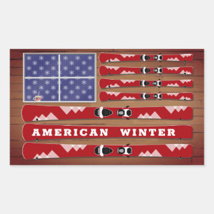Skis and Snowflakes USA Flag with Wood Wall Sticker