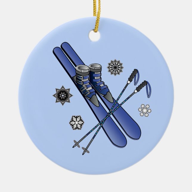 Skis, Boots, Poles and Snowflakes Ceramic Ornament (Front)
