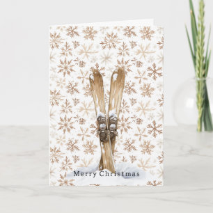 Skis Cream White Snowflakes Christmas   Card