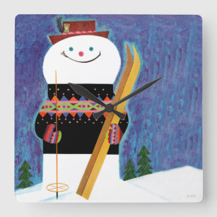 Skis for Snowman Square Wall Clock