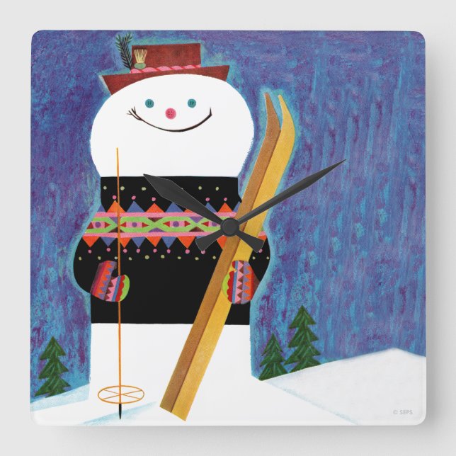 Skis for Snowman Square Wall Clock (Front)