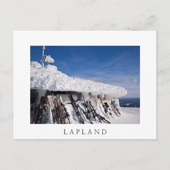 Skis in a ski resort, Lapland white text postcard (Front)