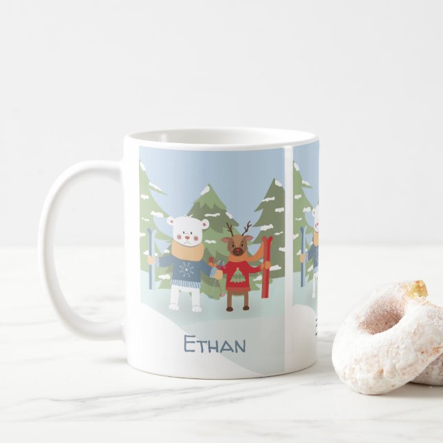 Skis polar bear and reindeer kid personalized mug (With Donut)