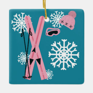 Skis & snow ceramic ornament