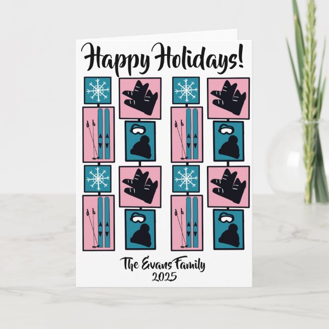 Skis & snowflakes on holiday card (Front)