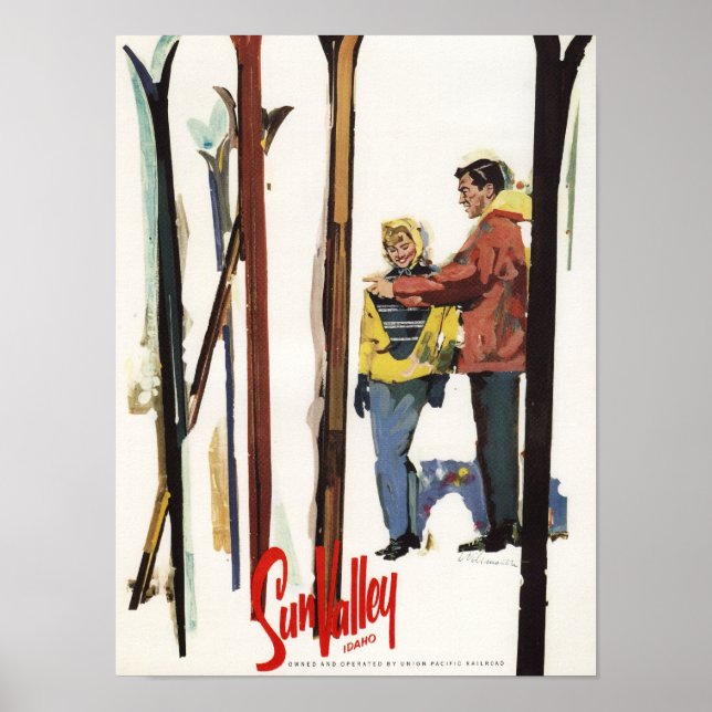 Skis Standing Up in Snow by Couple Poster (Front)