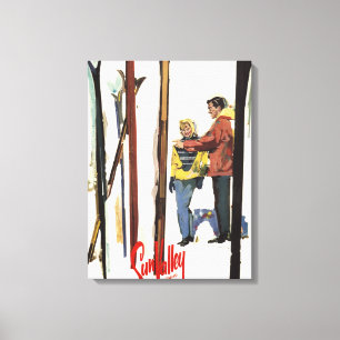 Skis Standing Up in Snow by Couple Poster Canvas Print