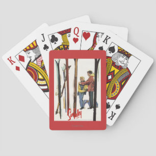 Skis Standing Up in Snow by Couple Poster Playing Cards