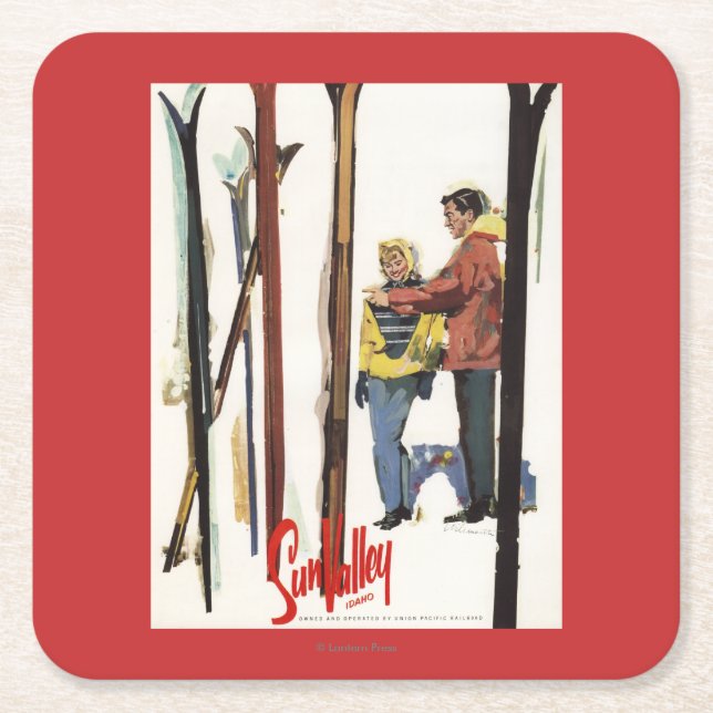 Skis Standing Up in Snow by Couple Poster Square Paper Coaster (Front)