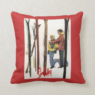 Skis Standing Up in Snow by Couple Poster Throw Pillow