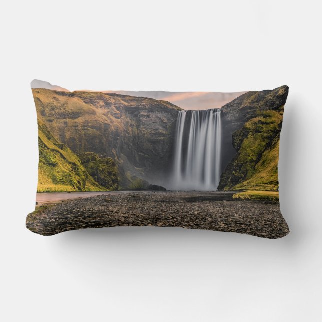 Skogafoss Waterfall in the Morning Sunrise Lumbar Pillow (Front)