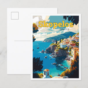 Skopelos Greece Travel Art Vintage Illustration Postcard