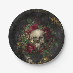 Skull Among Roses Gothic Grunge Paper Plate