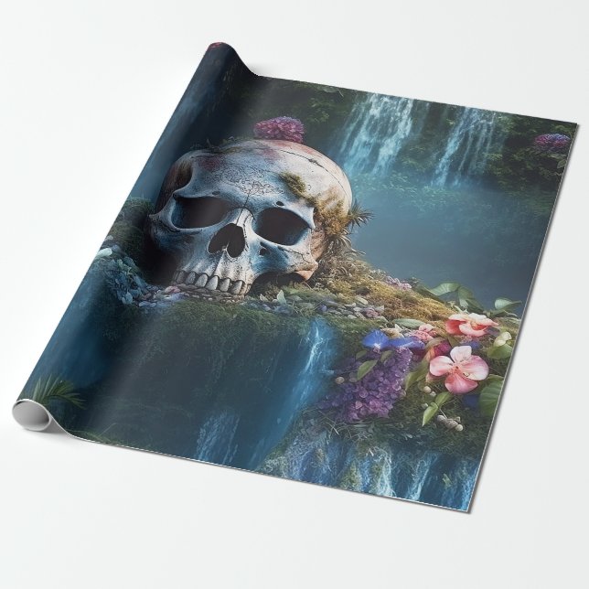 Skull among Waterfalls and Flowers Wrapping Paper (Unrolled)