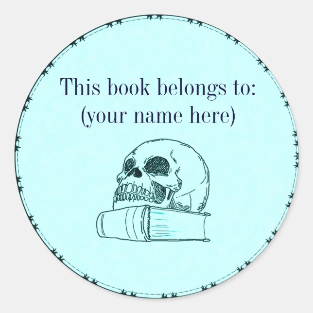 Skull and a book, light blue classic round sticker (Front)
