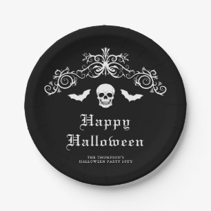 Skull And Bats Gothic Happy Halloween Black Paper Plate