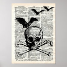 Skull and Bats Halloween Dictionary Art  Print