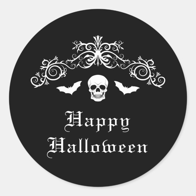 Skull And Bats Happy Halloween Black And White Classic Round Sticker (Front)