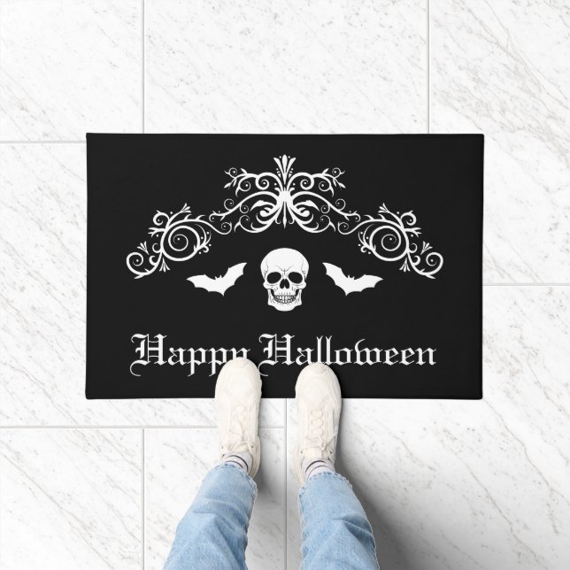 Skull And Bats Silhouette Happy Halloween Black Doormat (Indoor)