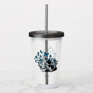 Skull and Blue Butterflies Gothic Grey Acrylic Tumbler