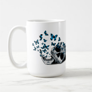 Skull and Blue Butterflies White Coffee Mug