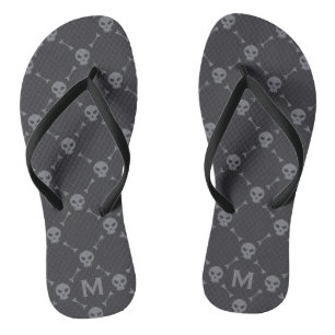 Skull and Bones Check Pattern Grey Monogram Flip Flops