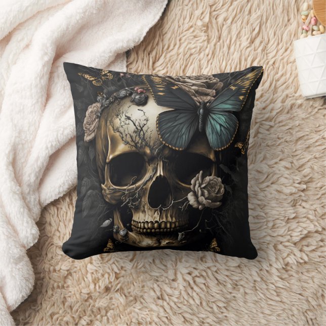 Skull and Butterfly Design Throw Pillow (Blanket)